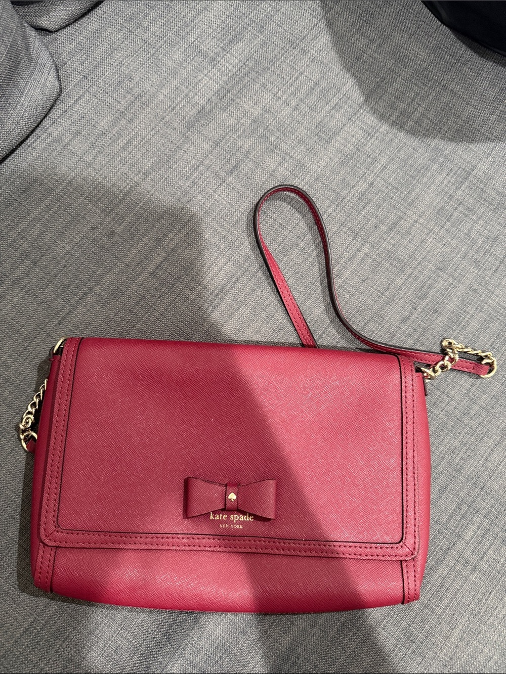 kate spade Cherry Burgundy Red Leather Crossbody with Bow and Gold Chain